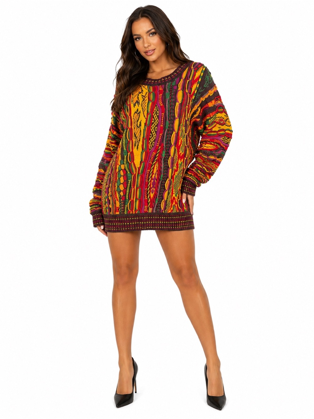 AKIRA Multicolor Coogi Style Cable Knit Oversized Sweater Dress NWT